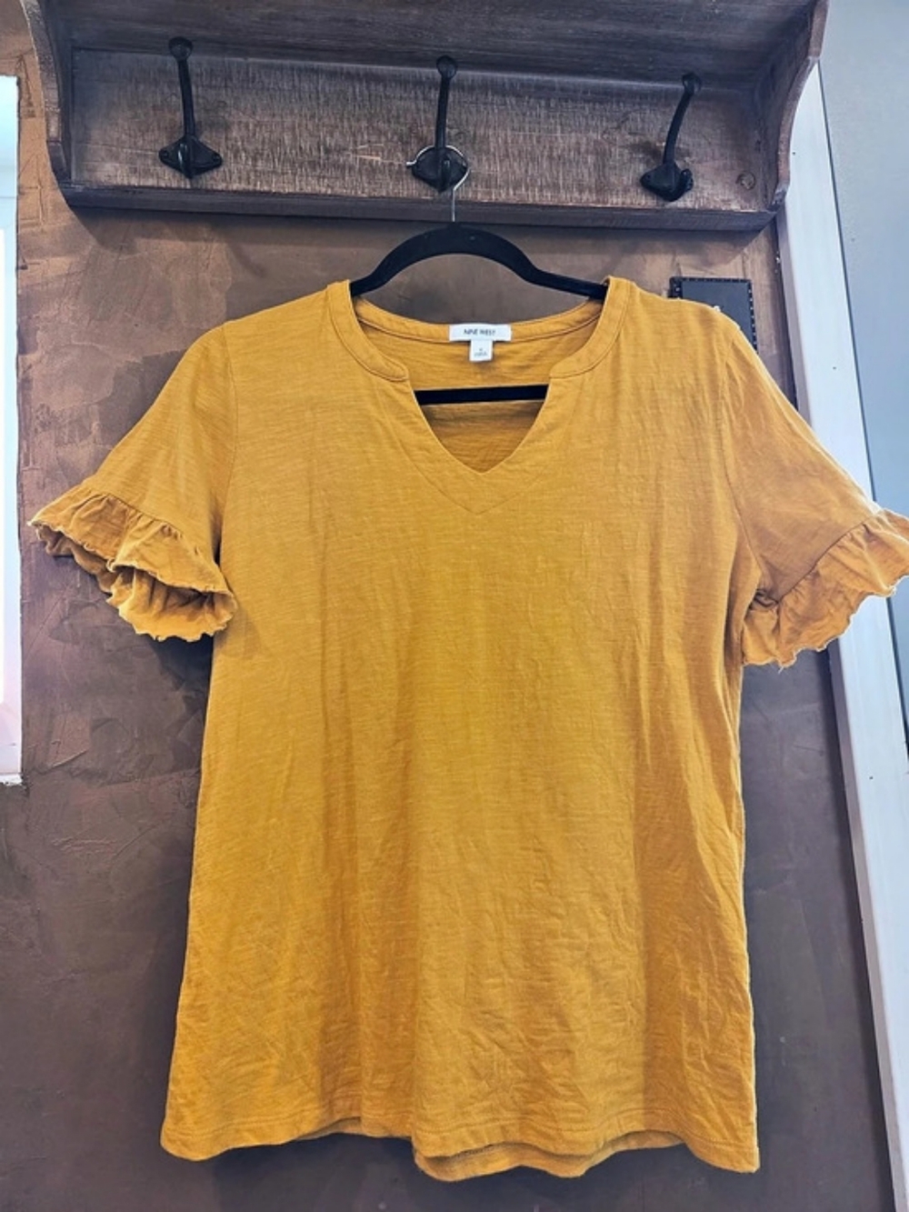 Nine West Ruffled Sleeve V-Neck Top in Yellow Size Small